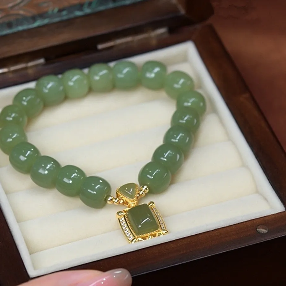 Authentic Oriental Light Green Jade Barrel Beaded Bracelet Gold Plated Square Jade Pendant With Tiny Rhinestones Women Vintage Chinese Style Stackable Wrist Jewelry Gift