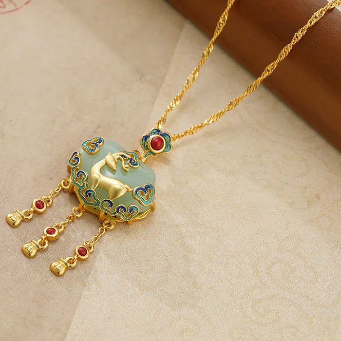 Authentic Natural Hotan Jade Green Ruyi Lock Necklace in Chinese style Luxury Ancient Gold Craft Deer Pendant Cheongsam Jewelry