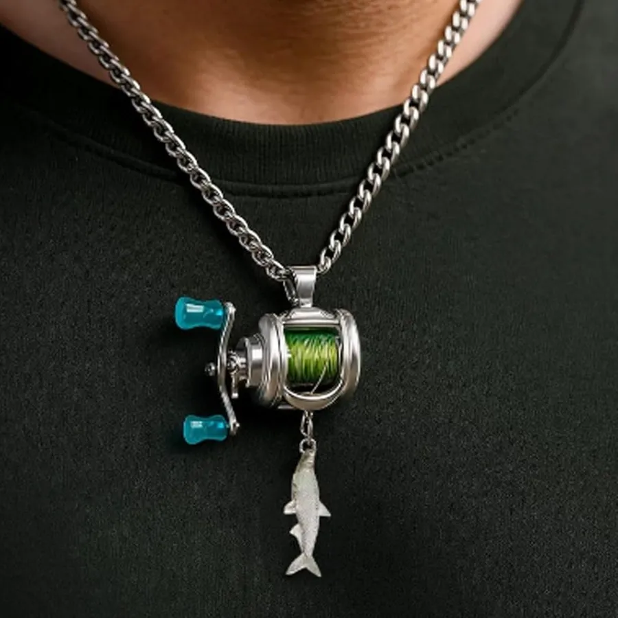 Authentic Mini Fishing Reel Necklace Fishing Rotating Handle & Moving Line Guide Spinning Reel Keychain Backpack Charm for Fishermen