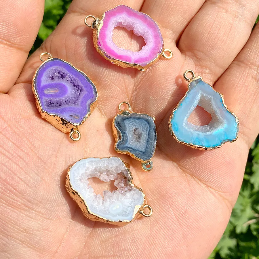 Authentic 3PCS/lot Irregular Shape Slice Agate Pendant Natural Druzy Agates Quartzs Connector For Jewelry Making Bracelet Earrings DIY