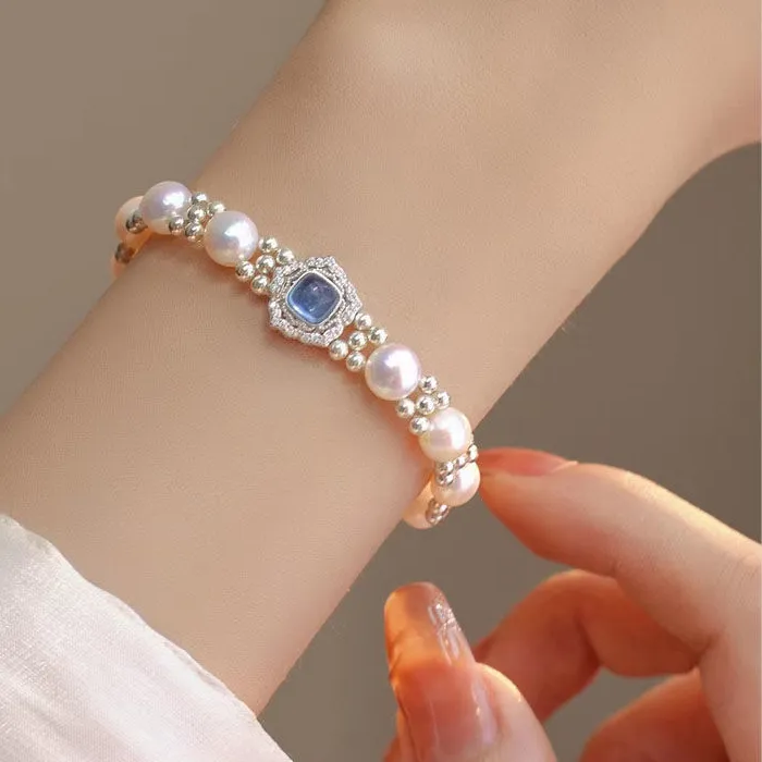 Authentic 2024 Design Aquamaro Pearl S925 Sterling Silver Bracelet Niche Personalized Light Luxury Women's High-end Jewelry