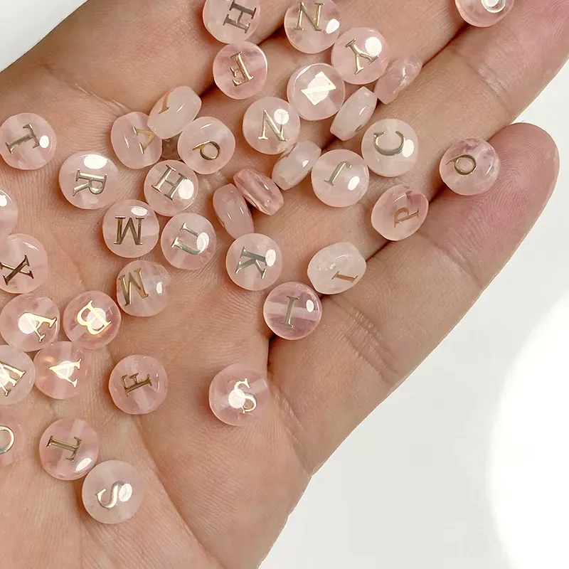 Authentic 5pcs Cross hole Natural Rose Pink Quartz Stone Alphabet Bead 8mm Round Charms 26 Letter A-Z Beads For DIY Necklace Bracelet Acce