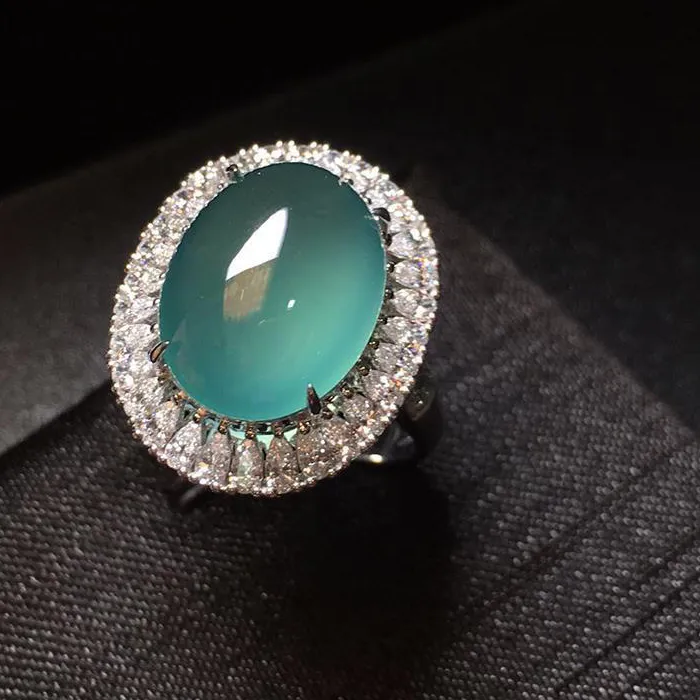 Authentic Original inlaid natural high ice lake blue chalcedony egg noodles rings for women elegant and fresh wedding jewelry