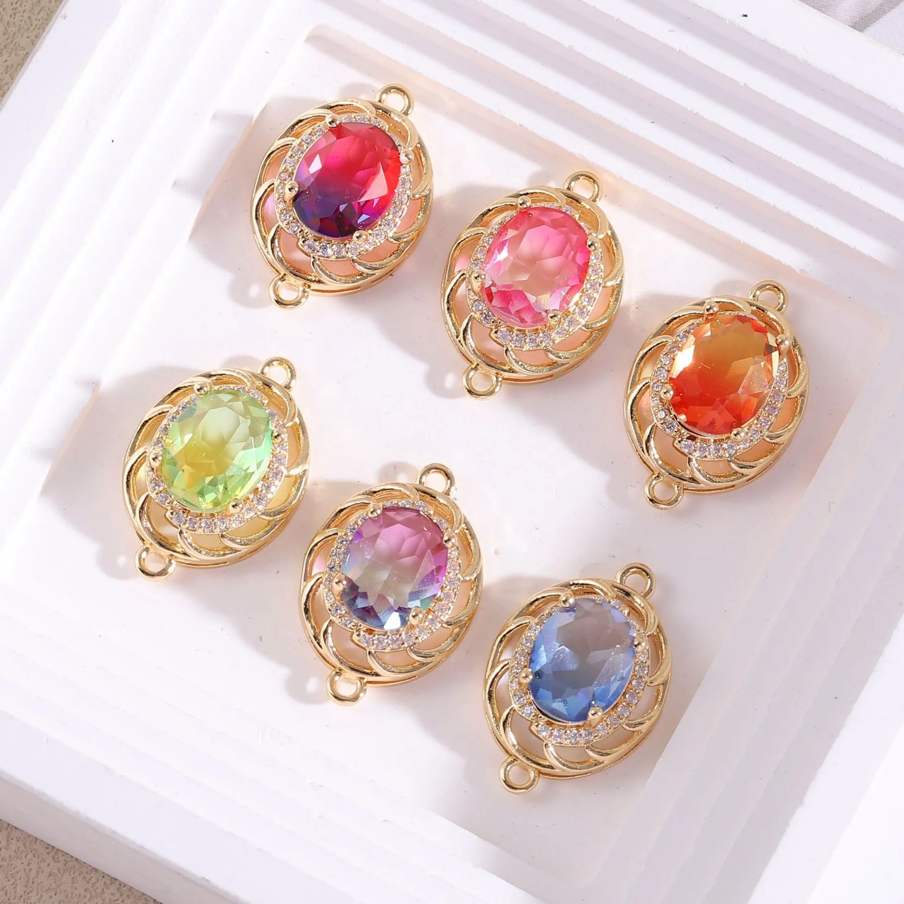 Authentic 10Pcs Bag Colorful Zircon Oval Double Button Pendant Diy Earrings Bracelet Accessories For Jewelry Production