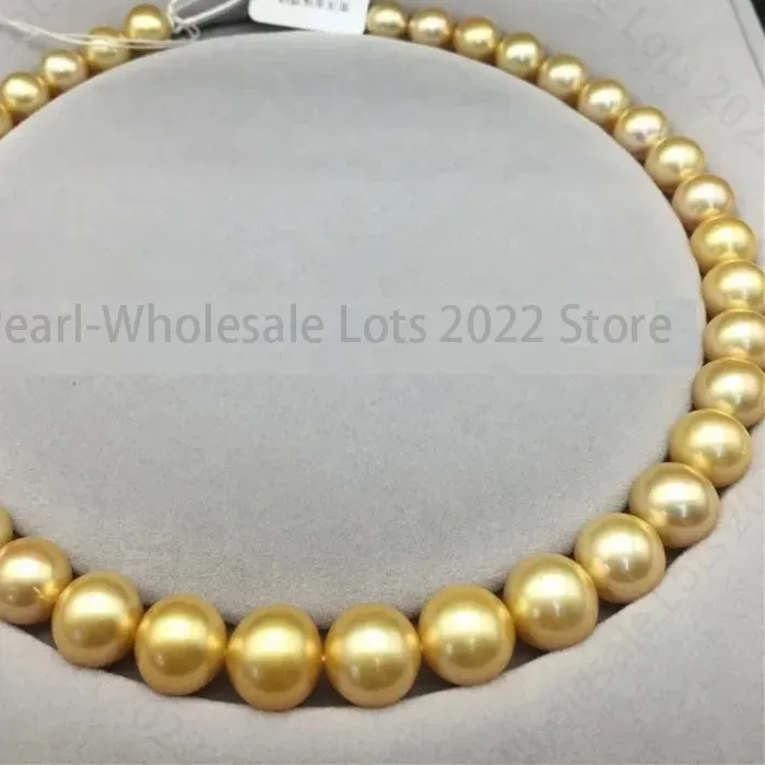Authentic Charming 18"11-12mm Natural Genuine Golden Round Pearl Necklace Luster Women Jewelry 925 Sterling Silver