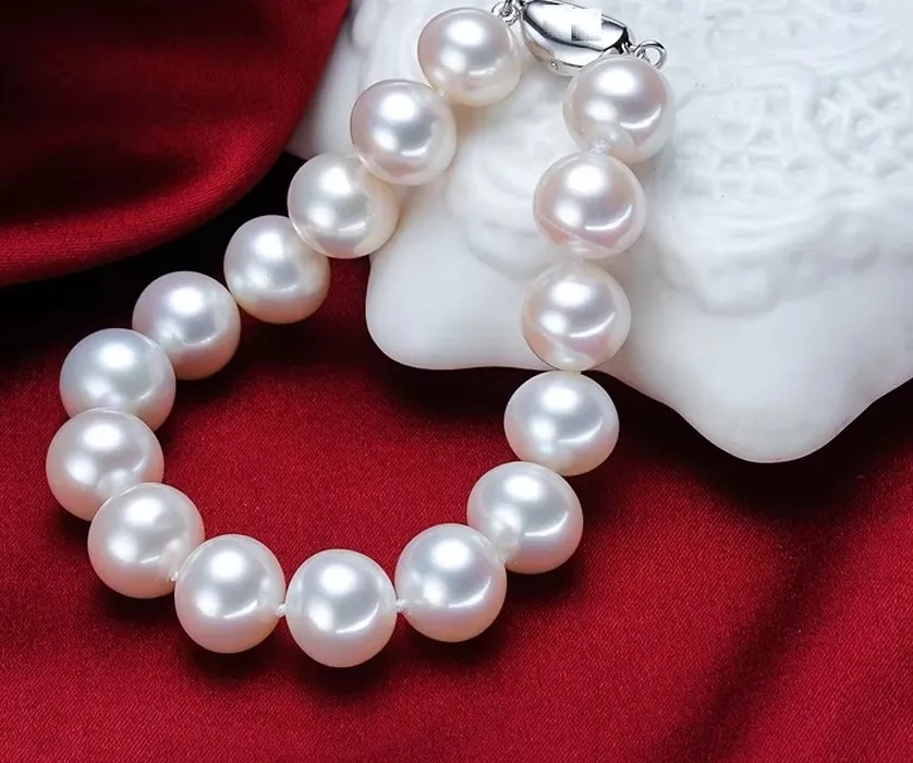 Authentic Natural 11-12mm Genuine White Round Pearl Bracelets for Women Jewelry 925 sterling silver