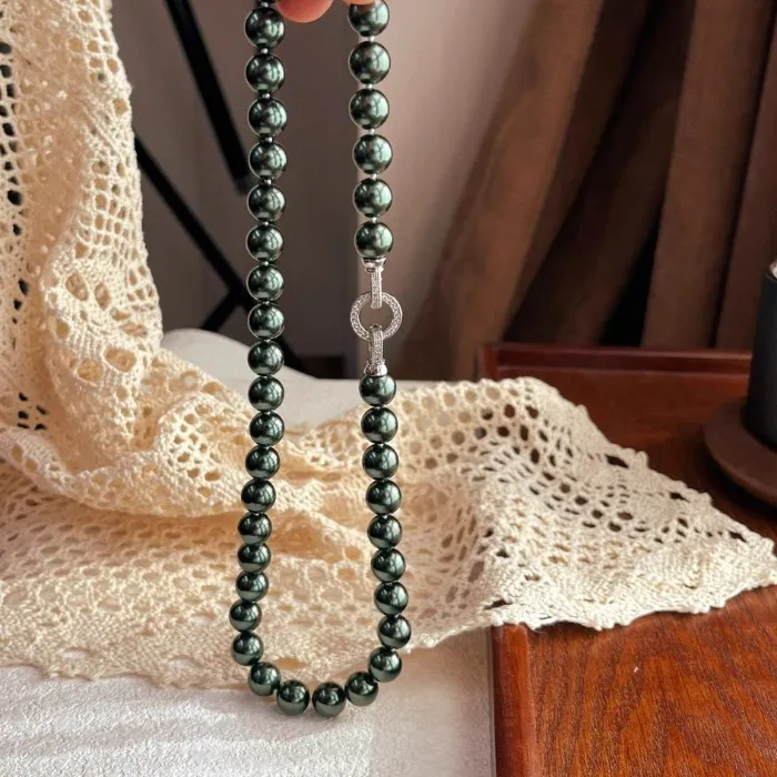 Authentic 11-12mm Peacock Green Black Pearl Necklace with Knots and Flaws