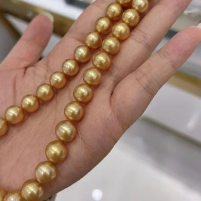 Authentic 11-13mm Natural Gold Bead Necklace, Round, Slightly Flawed, Strong Light Pearl Necklace, Wholesale of Finished Products