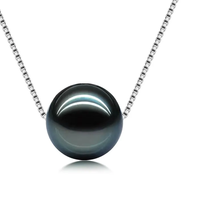 Authentic Natural 11-12mm Round Black Pearl Pendant Silver Necklace