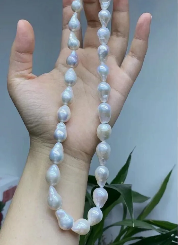 Authentic gorgeous 11-12mm south sea barpque white pearl necklace 18inch 925s
