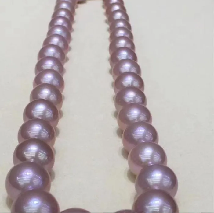 Authentic Charming 11-14mm Natural Round Purple Pearl Necklace for Women Fine 925 Sterling Silver Jewelry