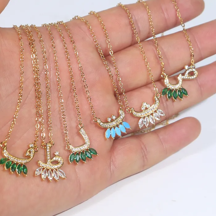 Authentic Total 31 Different Shape Arabic Letter Pendant Necklaces for Women Paved Green White Cz and Turquoise Gold Color Jewelry