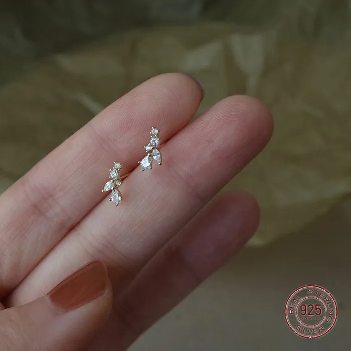 Authentic S925 Sterling Silver Zircon Wheat Ears Stud Earrings for Women Small Vines Leaves Earring Korean Plated 14k Gold Jewelry