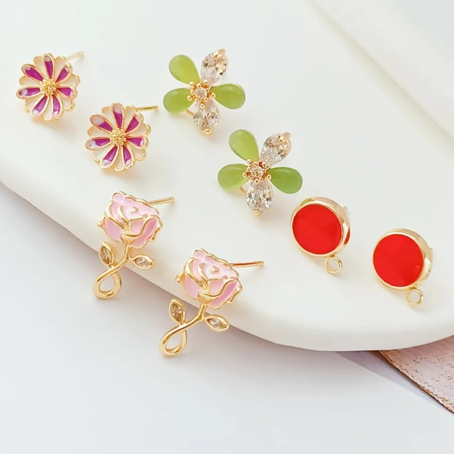 Authentic 14K Gold-plated Micro-inlaid Cat's Eye Oil Rose, Five-leaf Flower, Small Daisy S925 Earneedle DIY Handmade Jewelry
