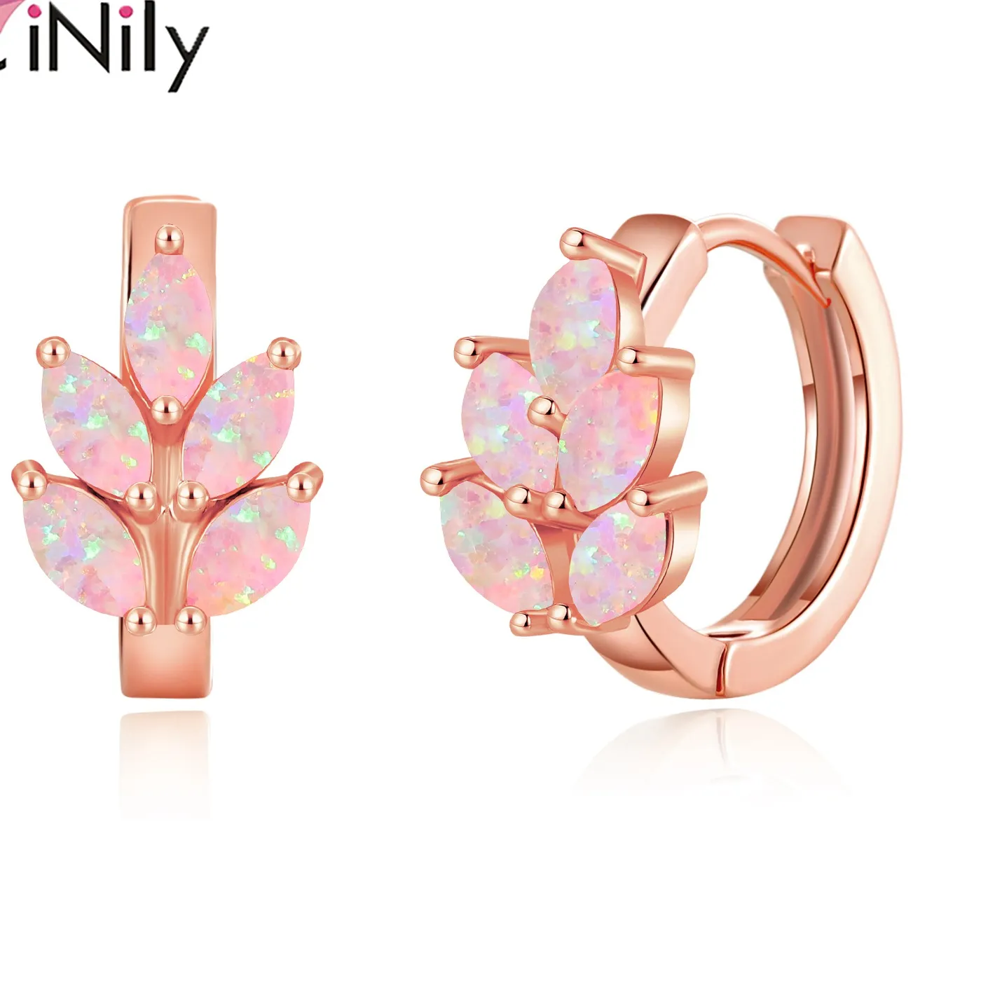 Authentic CiNily Delicate Leaf Shaped Hoop Earrings Rose Gold Plated Created Fire Pink Opal Small Earring for Woman Jewelry