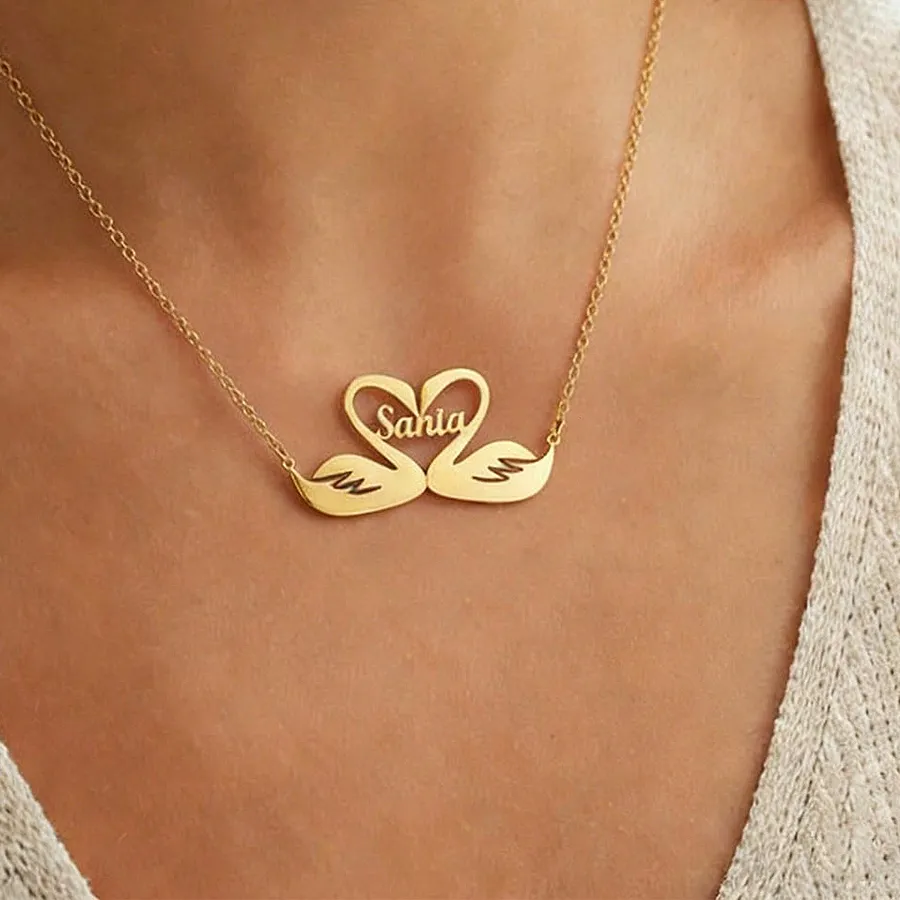 Authentic Custom Double Swans Heart Name Necklaces For Women Customized Pendant Necklace Personalized Neck Jewelry