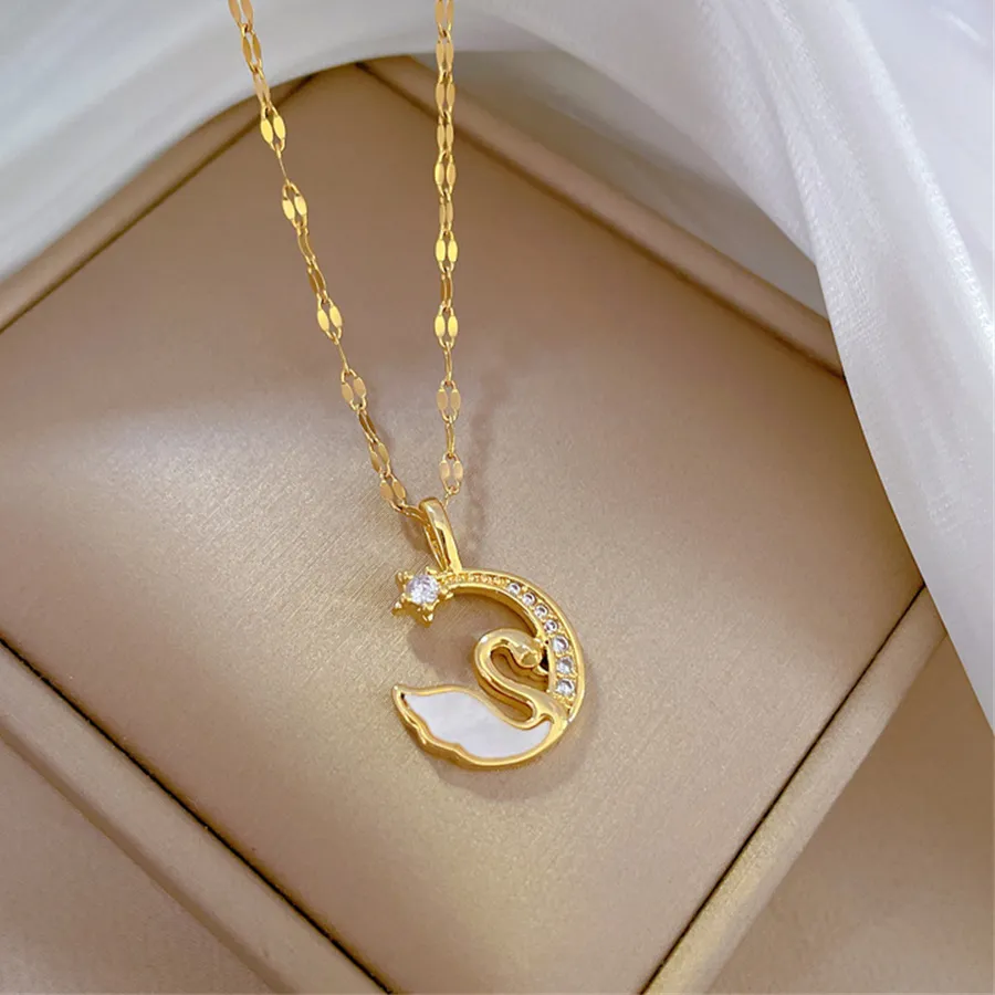 Authentic Luminous Swan and Lunar Crescent Talisman - CZ Pave Gold-Plated Choker of Grace and Intuition