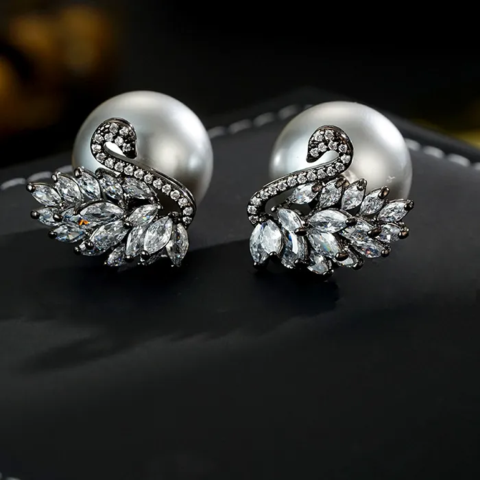 Authentic Jewelry Swan Animal Design Shiny Cz Zircon Pearl 925 Sterling Silver Female Stud Earrings Anti Allergy