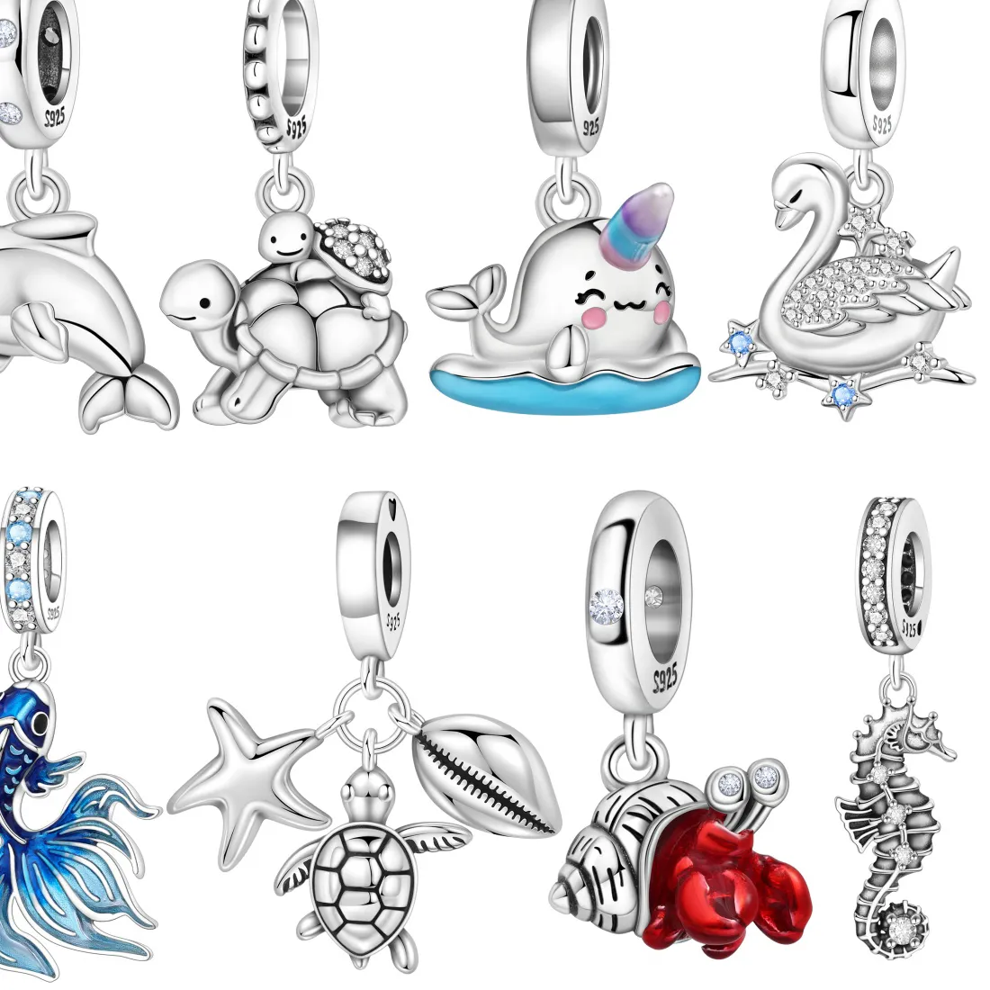 Authentic Oceanic Harmony: Sterling Silver Swan, Sea Turtle, Starfish, and Dolphin Pendant for Love and Balance