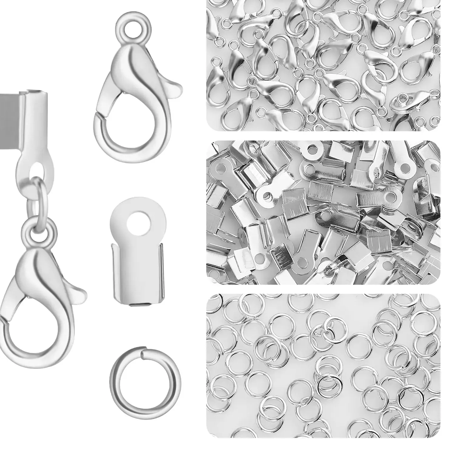Authentic 450pcs Include 200 Fold Over Cord End Caps Crimp End Tips 200 Jump Ring Connectors and 50 Lobster Claw Clasps for Jewelry Making