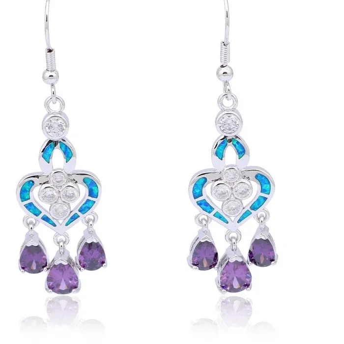 Authentic Heart Shape Earrings with Blue Opal and Lavender Drop Gems,Boho Chic Dangle Earrings for Women,Hypoallergenic Statement Jewelry
