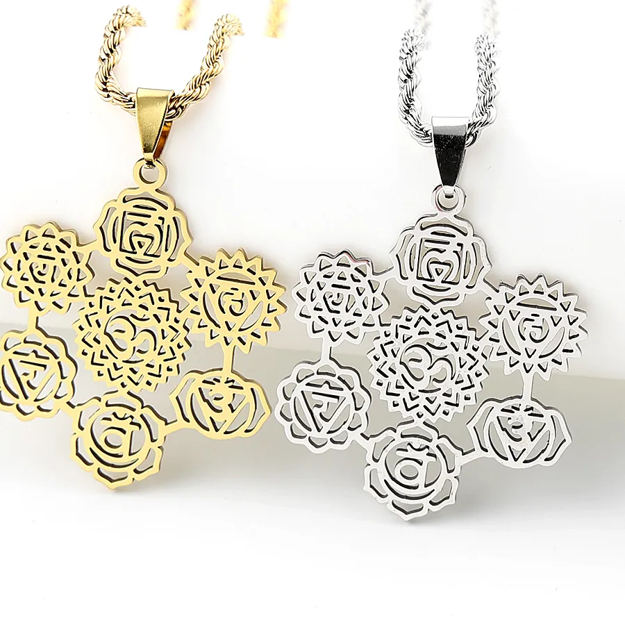 Authentic Yoga 7 Chakra Flower Om Aum Symbol Pendant Necklace Gold Color Hindu Reiki Healing Amulet Jewelry
