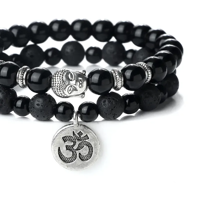 Authentic 2pcs/Set Natural Stone Bracelet For Women Men Vintage Ethnic Buddha Head Braclets Yoga Om Aum Bracelet Charm Couple Jewelry