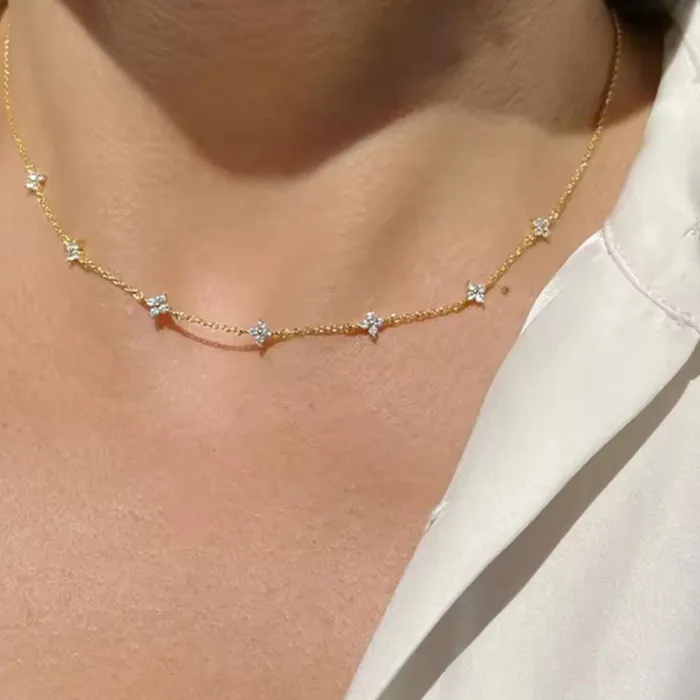 Authentic OXTAO Mini Four-Leaf Charm Necklace for Women 14K Gold Filled D VVS1 3mm Moissanite Flower Clover Necklace Luxury Jewelry Gift