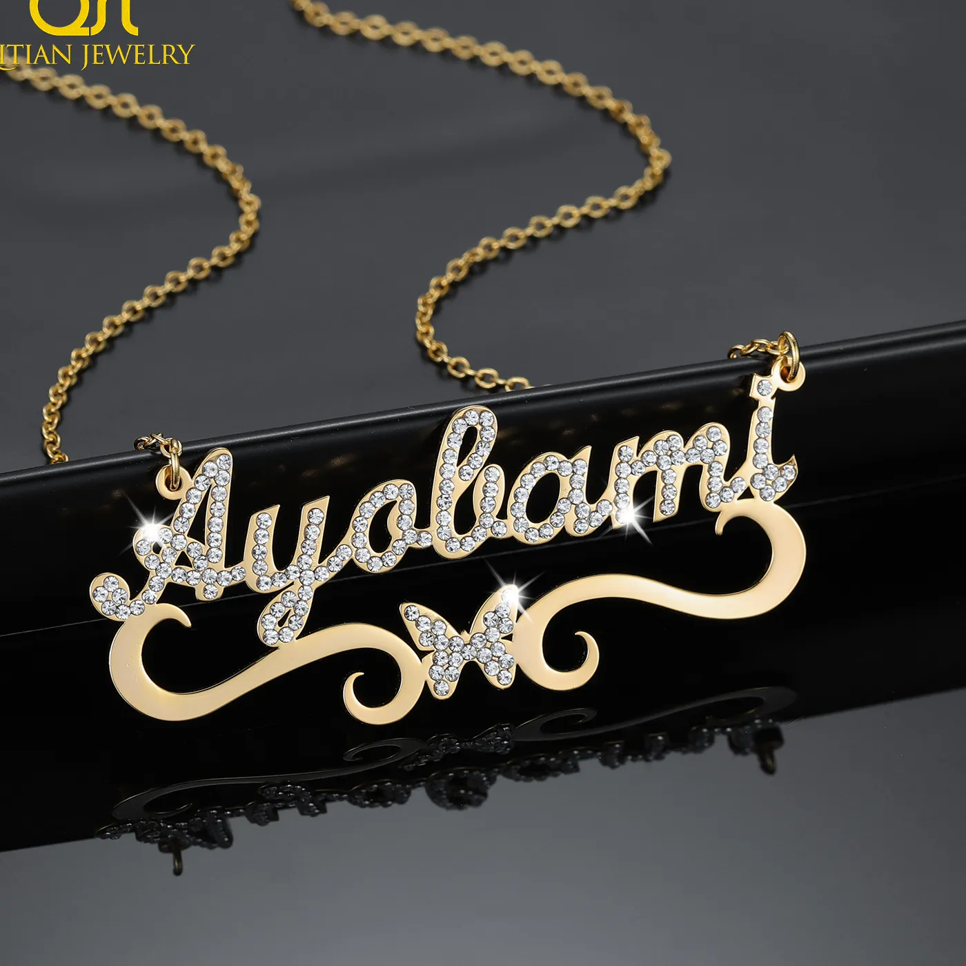 Authentic Butterfly Name Necklace For Women Personalized Custom Name Necklace18kGold Plated Stainless Steel Crystal Pendant Iced Out Chain