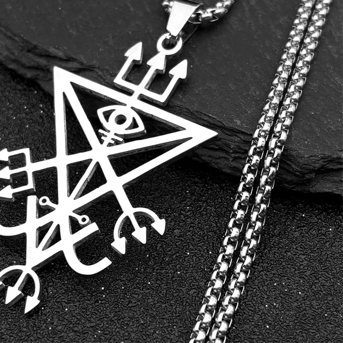 Authentic Sigil Church of Satan Trident Stainless Steel Necklace Seal of Lucifer LaVey Hidden Devil Eye Silver Color Long Necklace Jewelry