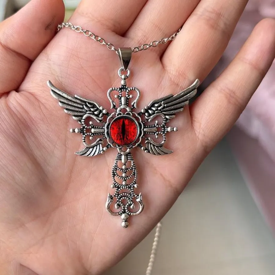 Authentic Gothic Creative Devil Wings Cross Red Devil's Eye Big Pendant Necklace Halloween Jewelry