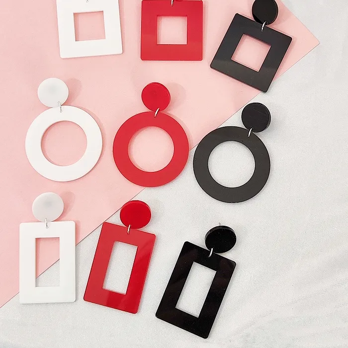 Authentic KUGUYS Trendy Styles Geometry Acrylic Women's Drop Earrings Circle Square Rectangle Triangle Jewelry Black Red White Accessories