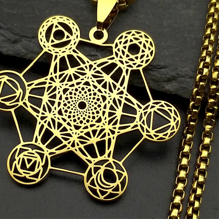 Authentic Yoga Hindu Buddhism 7 Chakra Pendant Necklace Sacred Geometry Hollow Angel Seal Metatron Symbol Chain Jewelry