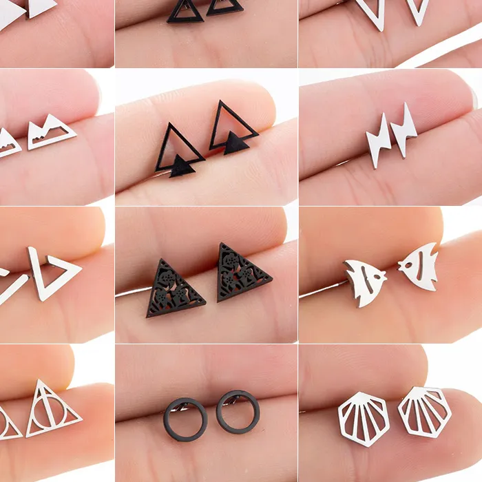 Authentic Multiple Black Stainless Steel Triangle Stud Earrings for Women Men Punk Fashion Jewelry 2021 Deathly Hallows Earring Pendientes