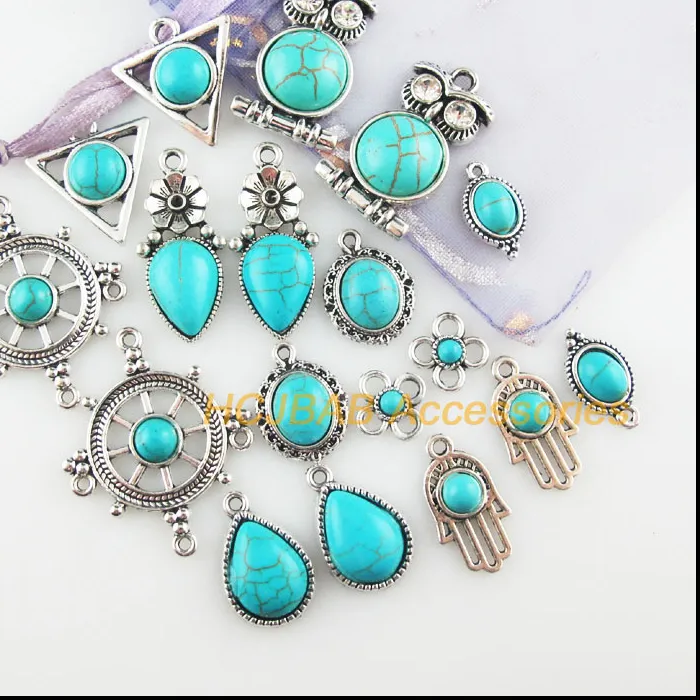 Authentic Turquoise Stone Charms Animal Triangle Flower Palm Teardrop Oval Tibetan Silver Plated Pendants Retro