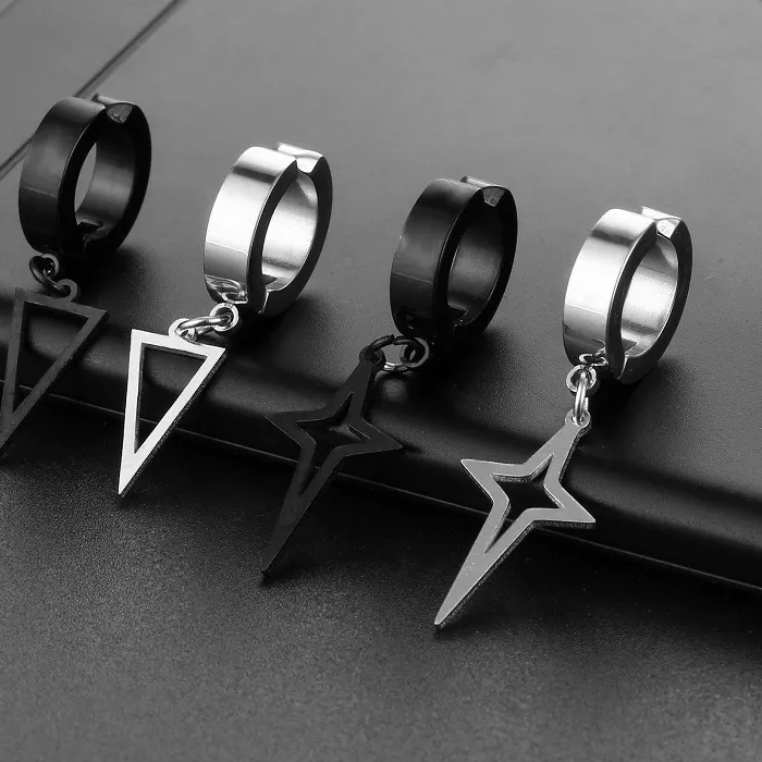 Authentic 1Pcs Punk Man Black Clip on Earrings Geometry Triangle Star Pendant Dangle Earrings Women Gothic Jewelry