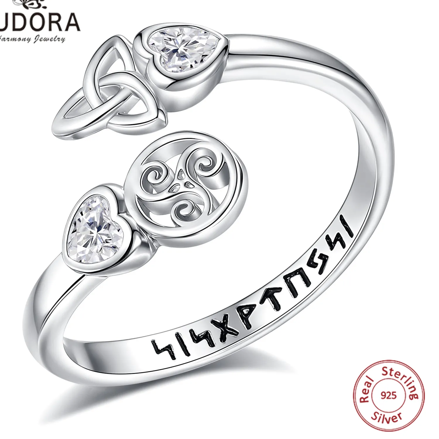 Authentic Eudora 925 Sterling Silver Celtic Knot Triskelion Adjustable Ring Viking Runes Open Ring Wicca Pagan Jewelry
