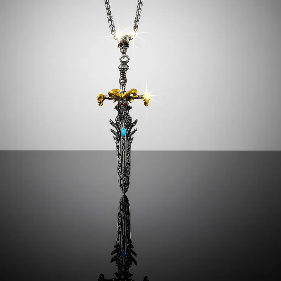 Authentic Men's Retro Gothic Devil Sheep Head Sword Pendant Necklace Hip Hop Trendy Punk Cool Jewelry