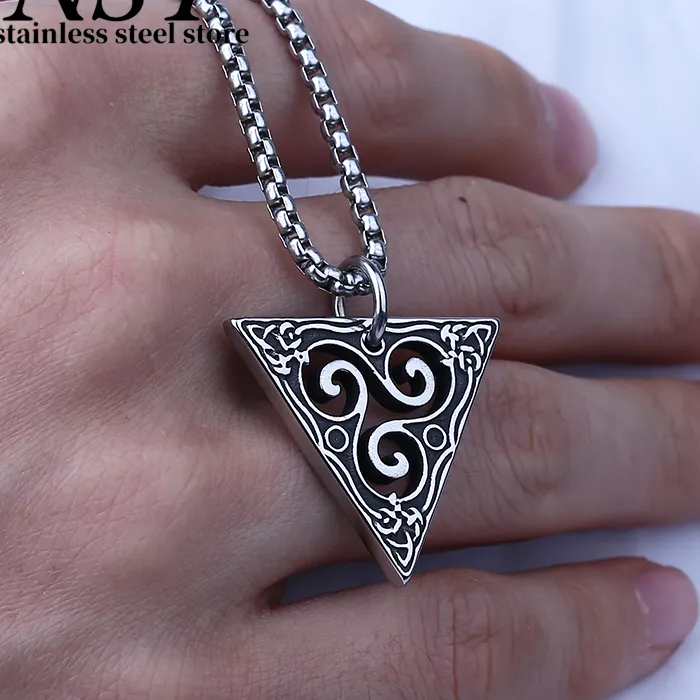 Authentic 316L Triskele Triangle Pendant Necklace Viking Vintage Jewelry Geometric Choker Celtic Triskelion Chain