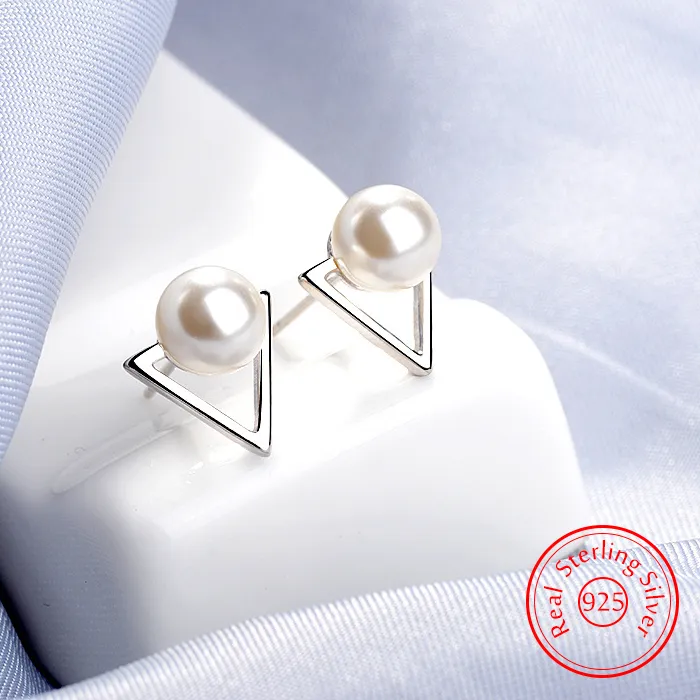 Authentic Solid 925 Sterling Silver Lady's Jewelry Trendy Triangle Pearl Stud Earrings XY0282