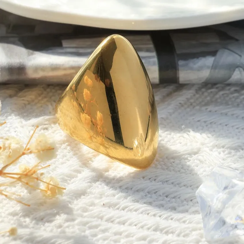 Exaggerated Wide- Faced Smooth Teardrop Glossy 18K Gold- Plated Ring, Geometric Style, Jewelry