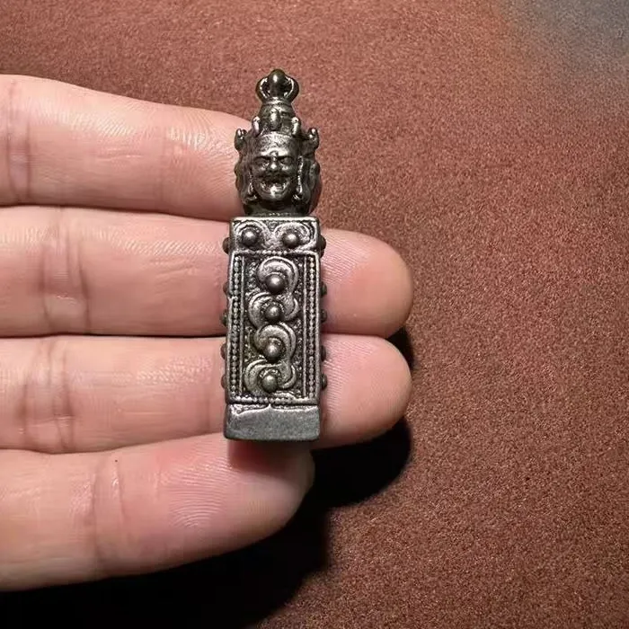 Authentic Cold IronThree-faced Mahakala Seal Tibetan Vajra Stamp Pendant Solid Cloud Iron Rectangle Amulet Vintage Tibetan Religious Decor