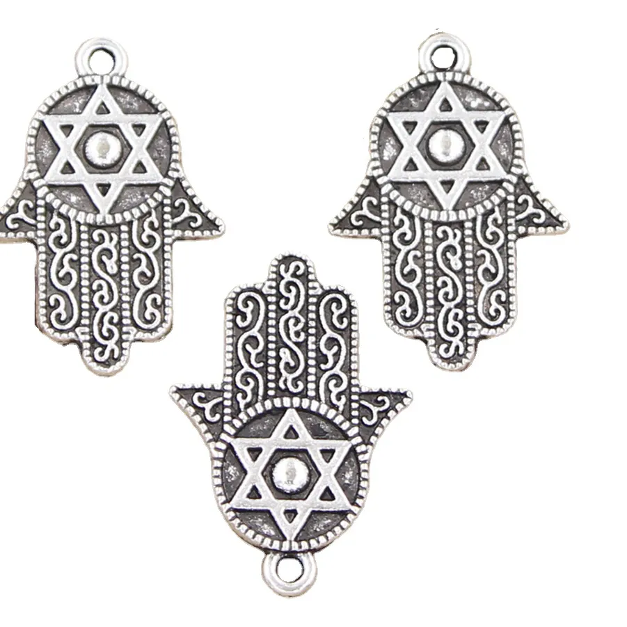 Authentic 6pcs Charms Hamsa Palm Fatima Hand Star Of David 28x19mm Antique Silver Color Pendants DIY Handmade Tibetan Finding Jewelry