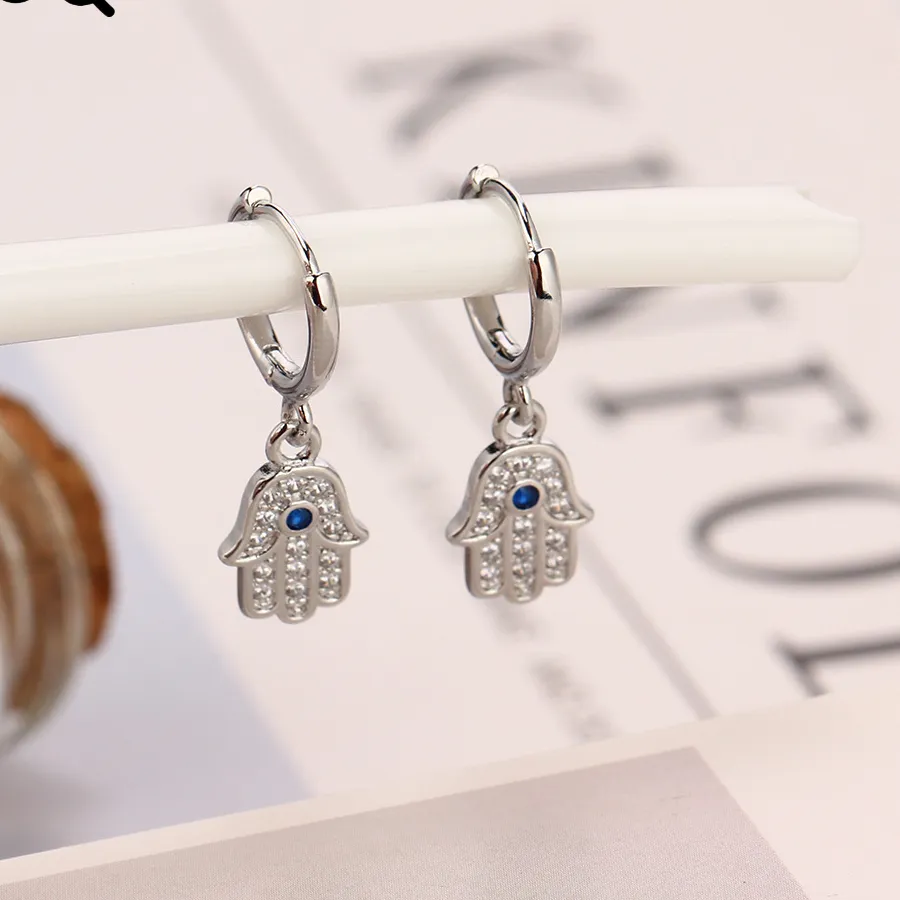 Authentic Voq Silver Color Fatima Hand Hoop Earrings Delicate Blue Eye Circle Pendant Earrings Ladies Hypoallergenic Jewelry