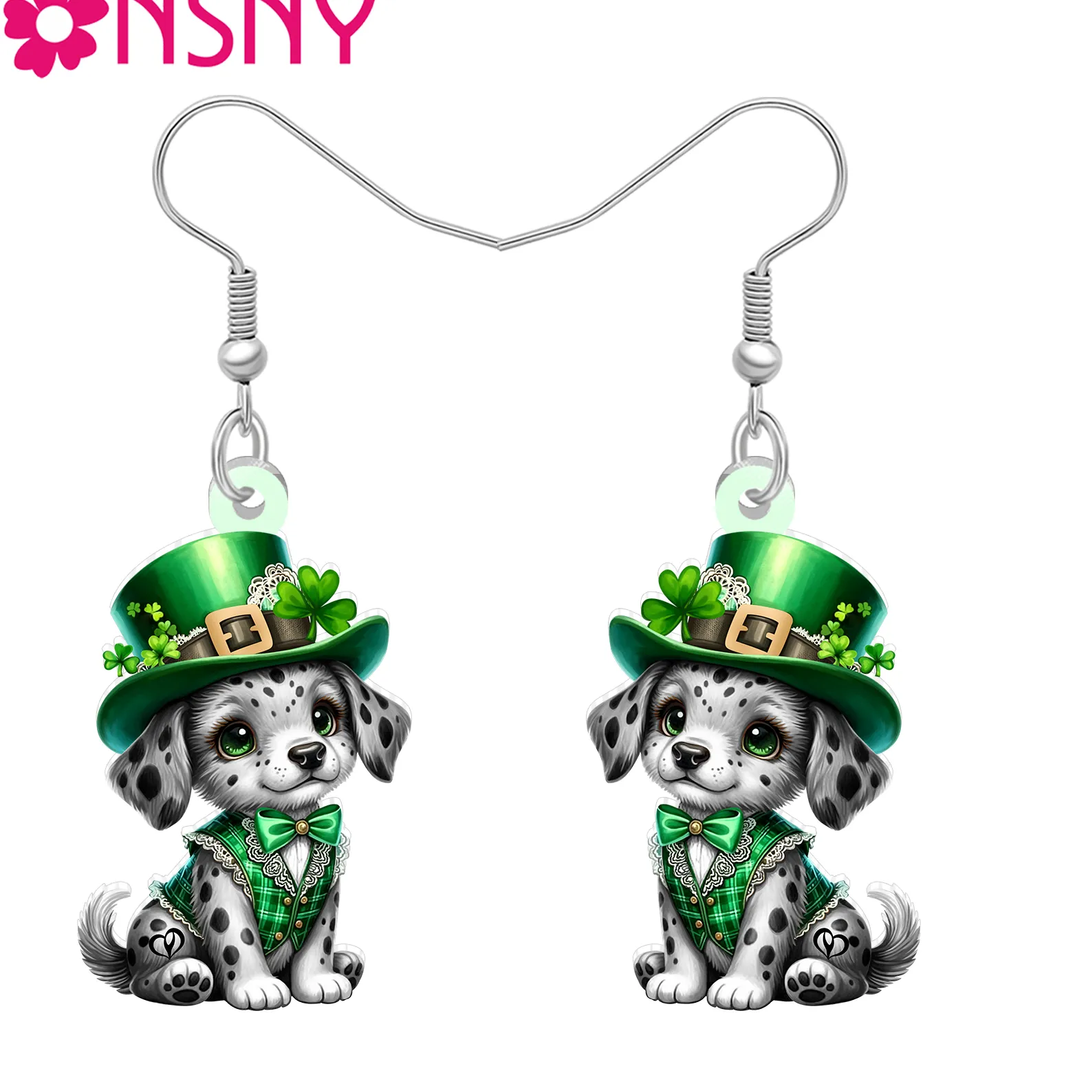 Authentic Emerald Shamrock Puppy Dangle: Lucky Dalmatian Dog Earrings for Irish Blessings