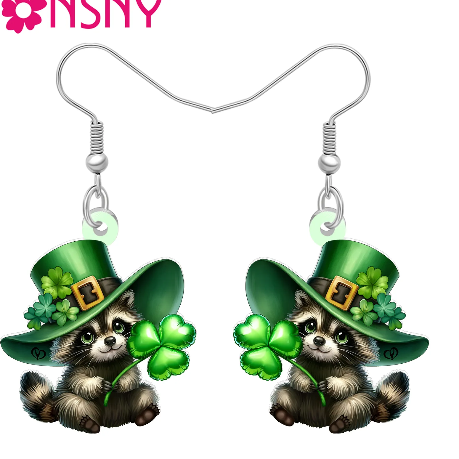 Authentic Bonsny Acrylic St Patricks Day Raccoon Earrings Irish Green Shamrock Hat Animals Jewelry Good Luck Girls