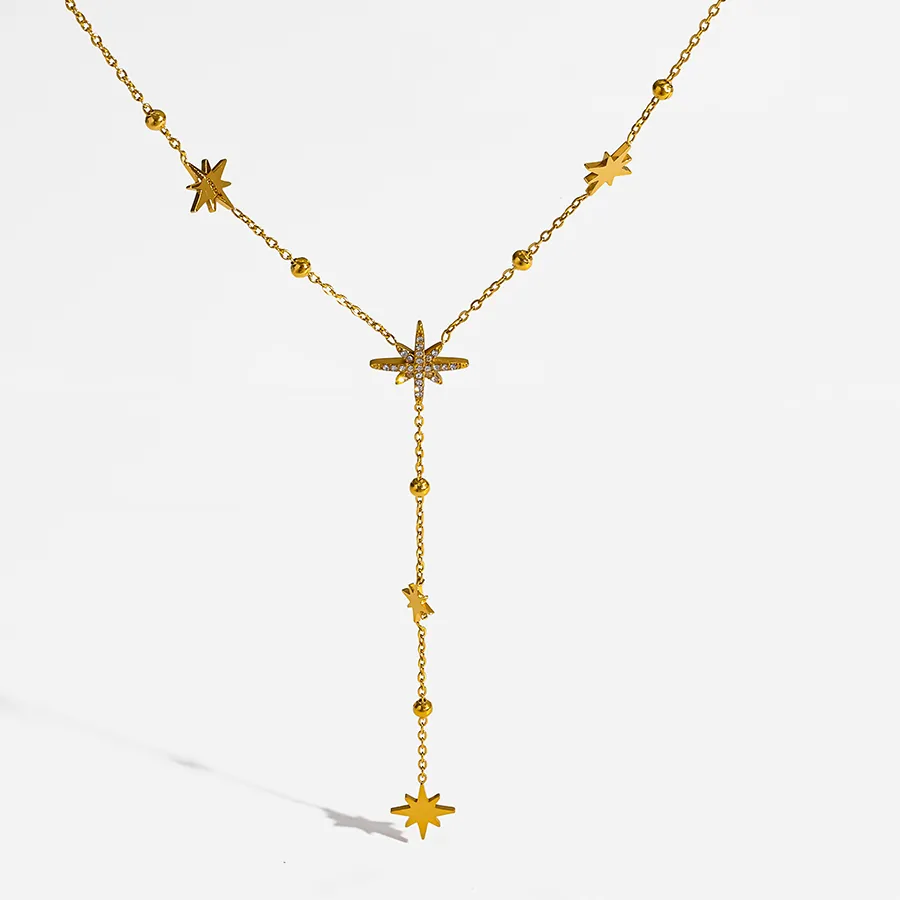 Authentic Elegant Eight-Point Star Y-Necklace 18K Gold Plated Pavé Rhinestone Chain Dainty Jewelry for Women