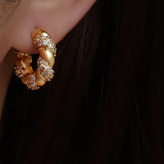 Authentic 18K Gold Plated Hexagon C-Shape Rhinestone Hoop Earrings Colorful Cuff Earrings Statement Jewelry for Women