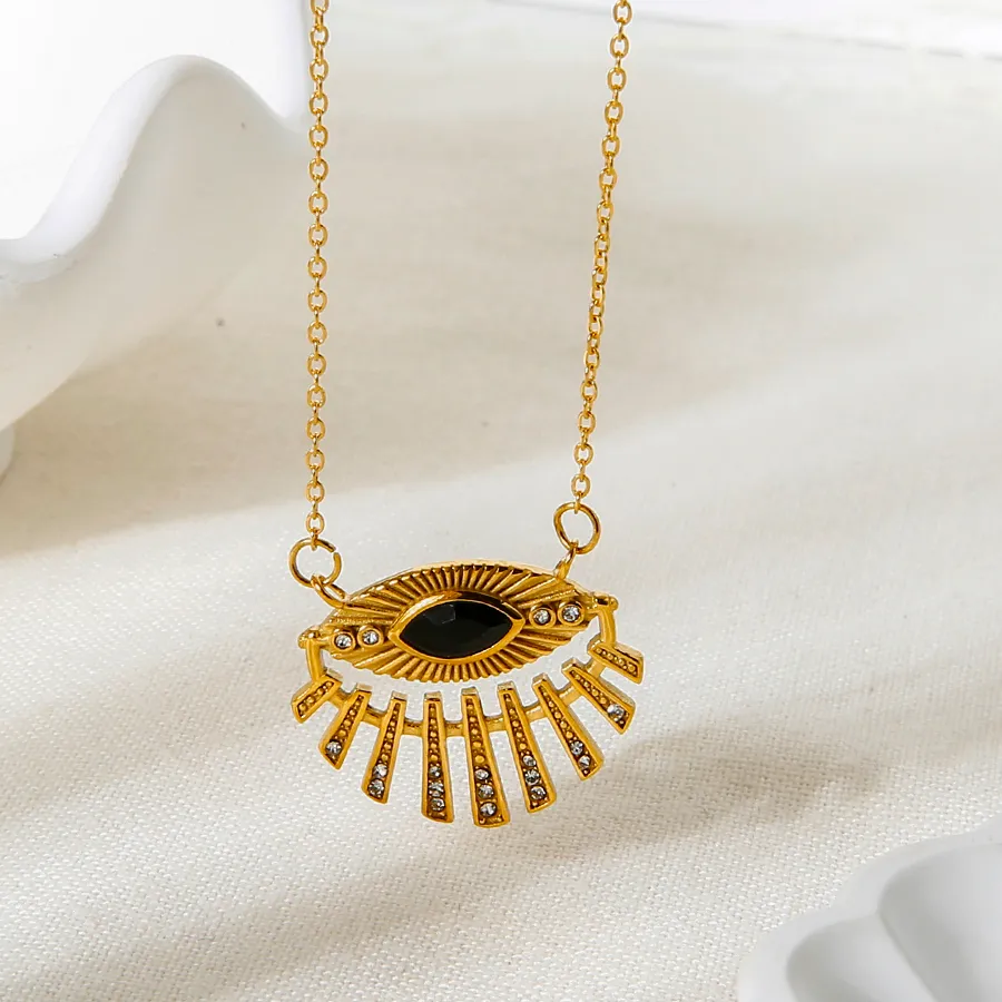 Authentic Vintage 18K Gold Plated Black Eye Pendant Necklace Rhinestone Inlaid Geometric Necklace Jewelry for Women