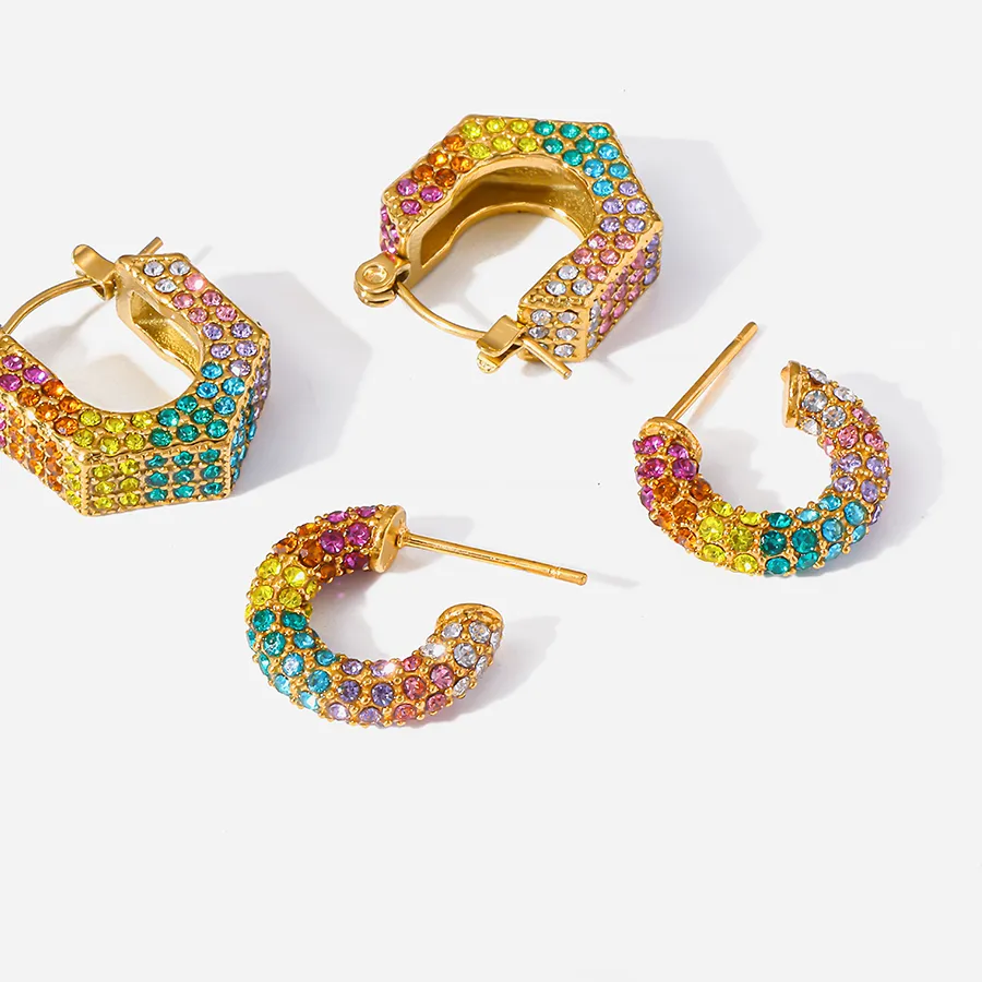 Authentic 18K Gold Plated Hexagon C-Shape Rhinestone Hoop Earrings Colorful Cuff Earrings Statement Jewelry for Women